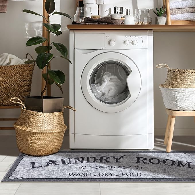 Machine Washable Border Text Design Laundry Room Rug Non-Slip Rubberback 2x5 Laundry Runner Rug for Laundry Room, Bathroom, Washroom, 20" x 59", Light Gray