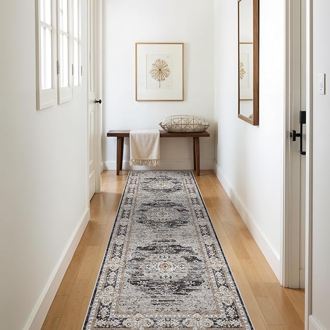 3x10 Runner Rug for Hallway Washable: Non Slip Kitchen Rugs with Rubber Backing Soft Waterproof Mats Stain Resistant Indoor Vintage Carpet Runner for Bedroom Bathroom Laundry Entryway Black/Gray