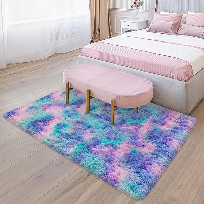 3x5Ft Purple Rainbow Area Rugs for Girls Room, Fluffy Colorful Rugs Cute Floor Carpets Shaggy Playing Mat for Kids Baby Girls Bedroom Nursery Home Decor Tie-Dyed Rainbow Rugs