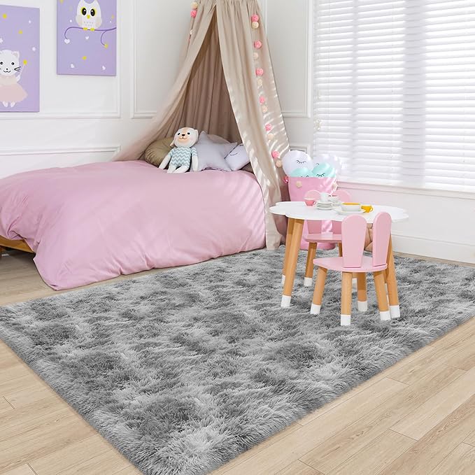 5x8 Ft Light Grey Large Area Rugs for Bedroom,Fluffy Furry Rug Floor Carpets Shaggy Playing Mat for Kids Baby Girls Room Nursery Home Decor Tie Dyed Gray Thick Rugs Fuzzy Home Decor