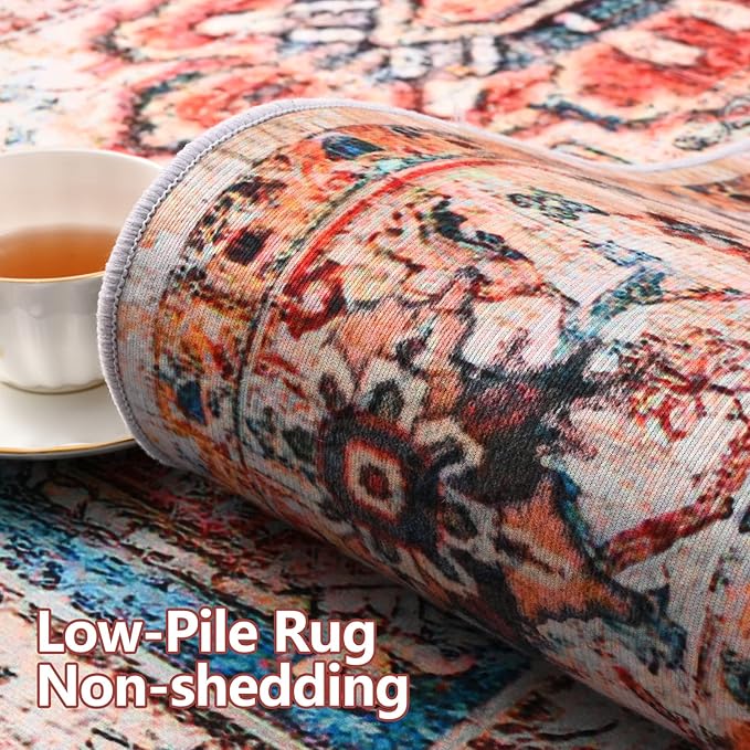 YJ.GWL Doormat Boho Area Rug 2x3, Machine Washable Small Low Pile Lightweight Thin Entryway Rug, Floral Vintage Distress Print Pattern Carpet for Entrance Kitchen Bedroom, Orange