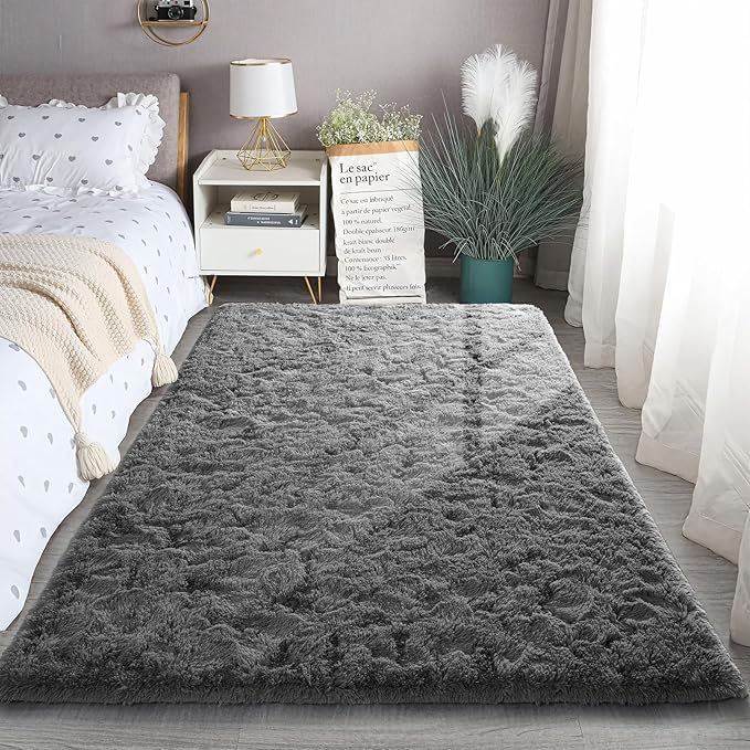 Grey Rug for Bedroom, 3x5 Fluffy Area Rugs for Kids Playroom, Furry Carpet for Nursery Room, Shaggy Rug for Teen Living Room, Thick Fuzzy Plush Rug for Dorm, Cute Room Decor for Baby