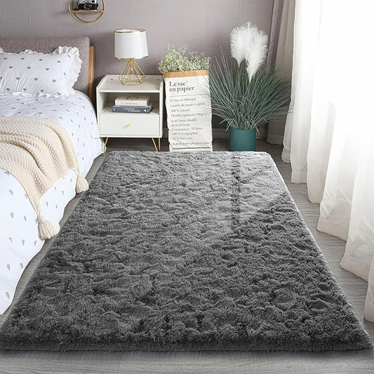 Grey Rug for Bedroom, 3x5 Fluffy Area Rugs for Kids Playroom, Furry Carpet for Nursery Room, Shaggy Rug for Teen Living Room, Thick Fuzzy Plush Rug for Dorm, Cute Room Decor for Baby