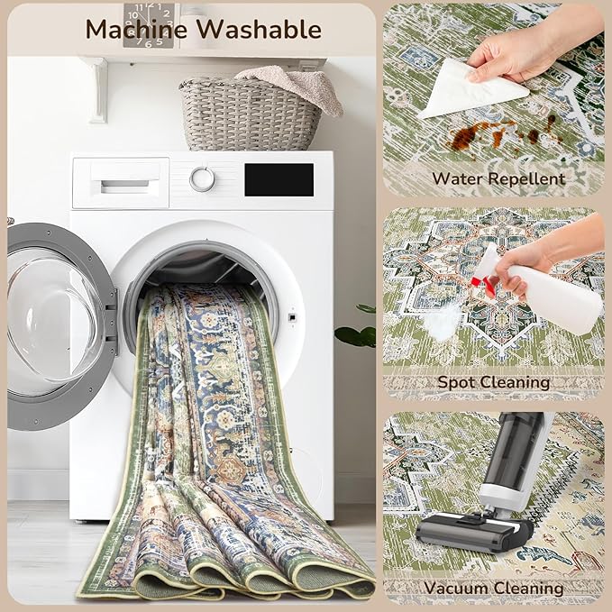 BESTSWEETIE 2x8 Area Rugs for Living Room Washable Non Slip Carpet Low Pile Soft Vintage Print Pattern Rug for Bedroom Dining Room Kitchen Entryway Indoor-Green/Light tan/Blue/Grey