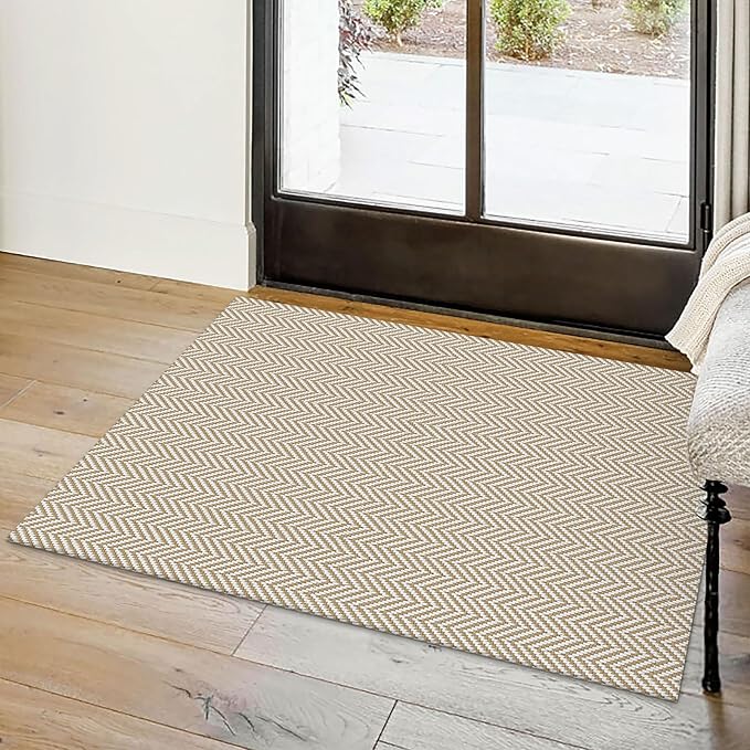 Small Braided Rugs 2x3 Ft Area Rugs for Entryway Boho Washable Rug Throw Rugs with Rubber Backing Cotton Woven Door Mat Indoor Entrance Front Door Rugs for Foyer Bathroom Kitchen, Beige/White