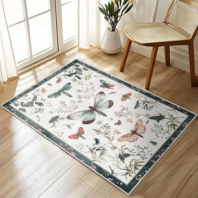 2x3 Entryway Rugs Machine Washable Area Rug Butterfly Nature Botanical Leaf Boho White Rug Non-Slip Low Pile Door Mat Entrance Small Carpet for Home Kitchen Bathroom Bedroom