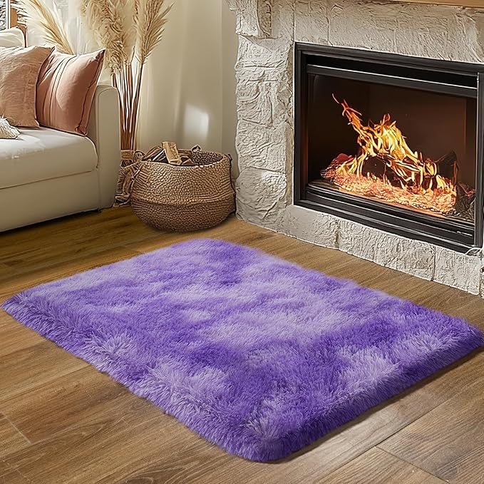 Zentavio Bedside Rugs Small 2x3 Shag Entry Entrance Rugs Soft Bedroom Carpet Area Rugs for Dorm College Essentials Non-Slip Living Room Throw Rug Home Decor Aesthetic Nursery Tie-Dyed Purple