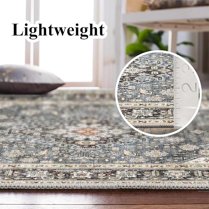 2x6 Runner Rug Washable: Non-Slip Oriental Carpet for Hallway Kitchen Entry - Farmhouse Low Pile Stain Resistant Long Thin Front Door Mat 2x6 Navy Blue