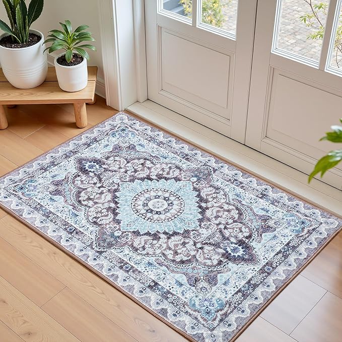 2x3 Small Area Rug for Entryway, Soft Washable Rugs with Non-Slip Backing for Bedroom Kitchen, Vintage Throw Carpet Laundry Entry Door Decor, Blue & Brown