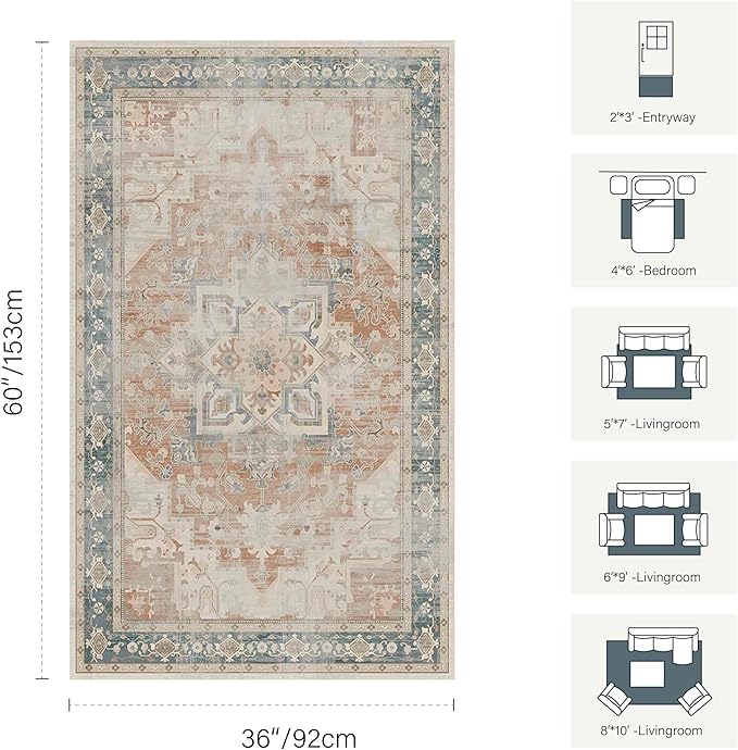 3x5 Orange Washable Entryway Rug, Non Slip Boho Runner Rugs for Hallway, Entrance, Kitchen, Bathroom, Laundry Room, Soft Entryway Carpet, Throw Low Pile Retro Imitation Wool Carpet, Coral