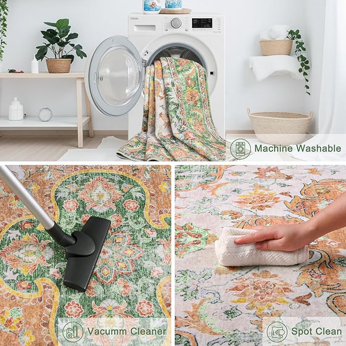 4x6 Area Rugs for Living Room, Foldable Machine Washable Rug, Soft Low Pile Non-Slip Vintage Floral Rug, Carpet for Bedroom, Dining Room, Bedside, Farmhouse, Office, Dorm (Green, 4'×6')