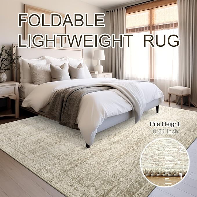 10x14 Area Rugs for Living Room, Non Slip Machine Washable Vintage Rugs, Low Pile Lightweight Large Rug for Bedroom, Dining Room, Home Office Beige