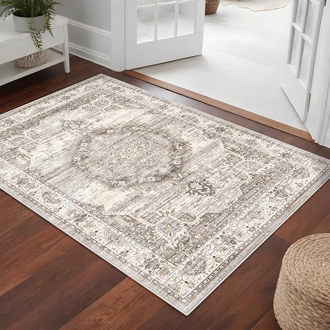 Washable Area Rugs 3x5 Entryway: Soft Ultra Thin Low Pile Mat Machine Washable Indoor Doormat Lightweight Entry Rug Anti Slip Backing Rugs for Living Room Bedroom Kitchen 3'x5' Beige