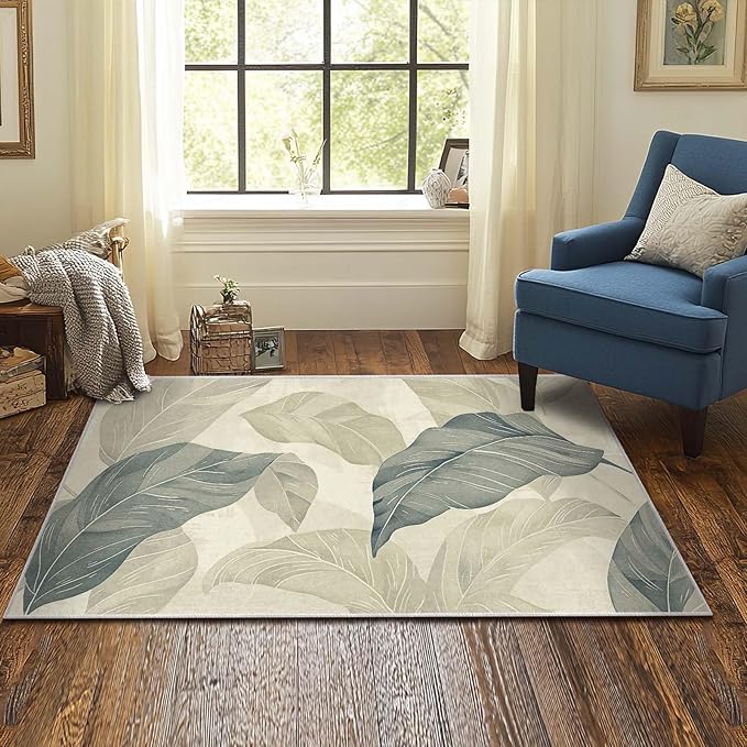 3x5 Entryway Rug Vintage Botanical Leaf Beige Area Rug Bedroom Bedside Thin Small Carpet Bathroom Non Slip Indoor Entrance Low Pile Door Mat Kitchen Stain Resistant Washable Machine
