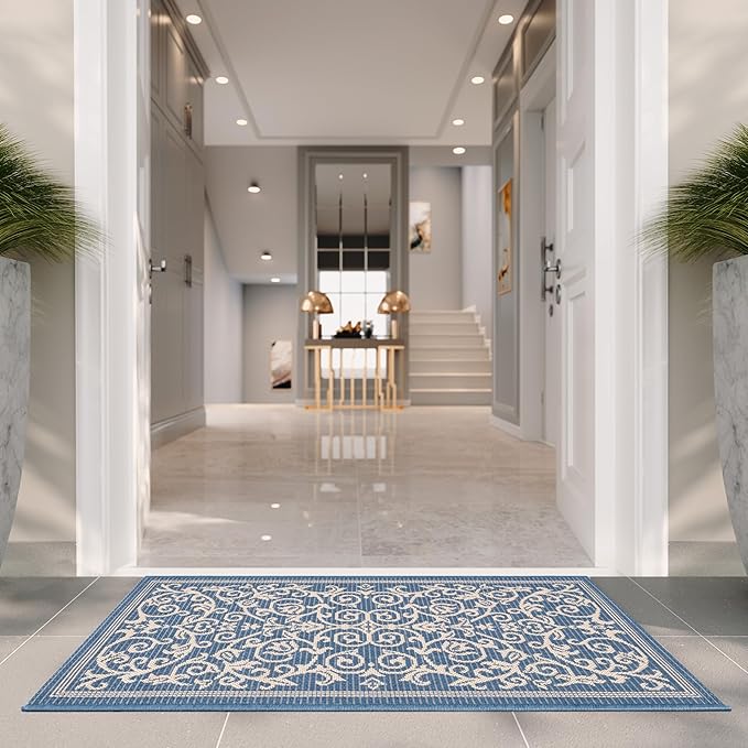 SAFAVIEH Courtyard Collection Accent Rug - 2' x 3'7", Blue & Natural Indoor/Outdoor & Washable, Ideal for High Traffic Areas in Patio, Backyard, Mudroom, Entryway, Doormat (CY2098-3103-2)
