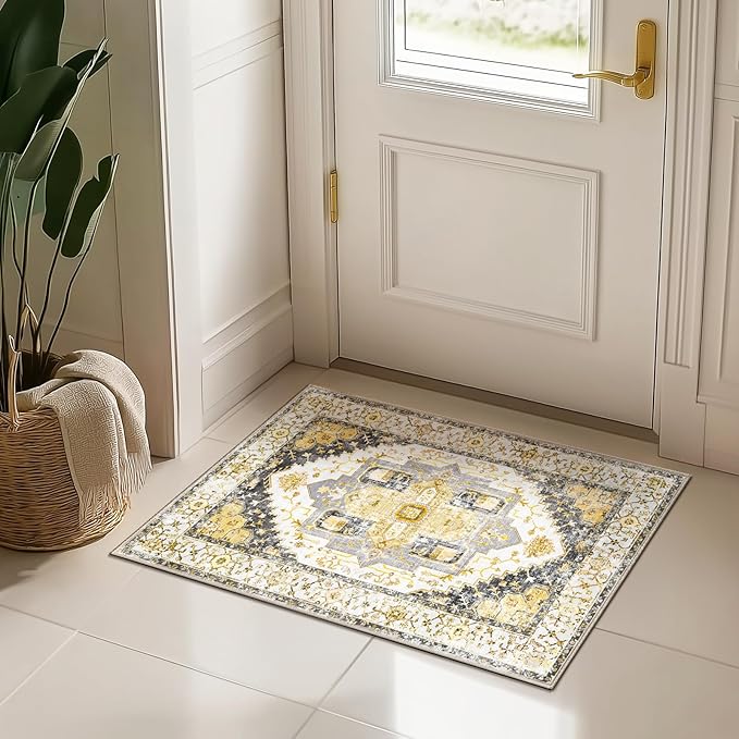 Washable 2x3 Area Rugs, Rugs for Living Room, Low-Pile Water&Stain Resistant Carpet Vintage Distressed Printed Non-Slip Carpet for Bedroom Bathroom Kitchen-Grey/Yellow