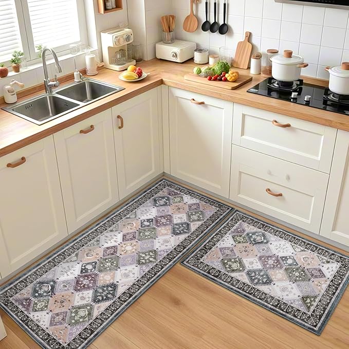 2x3 Small Washable Area Rug for Entryway, Boho Non-Slip Indoor Kitchen Rugs, Moroccan Floral Trellis Carpet Soft Low Pile Vintage Throw Mat for Bedroom Bathroom Front Door, Teal/Grey