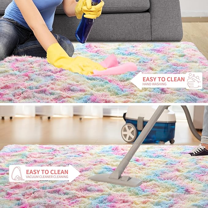 Tepook Soft Rainbow Rug for Girls Room, Cute Fluffy Bedroom Rug, 5x8 Feet Shaggy Princess Colorful Carpet for Kids Teens Toddler Playroom Nursery Reading Nook, Pink