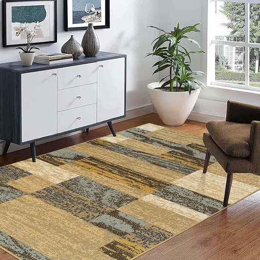 SUPERIOR Indoor Area Rug, Jute Backed, Modern Geometric Patchwork Floor Decor for Bedroom, Office, Living Room, Entryway, Hardwood Floors, Rockwood Collection, 7' x 9', Light Blue-Beige