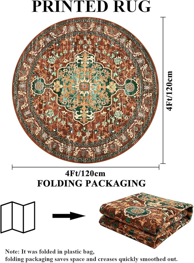 U'Artlines Boho Vintage Area Rug 4ft Machine Washable Low Pile Soft Floor Carpet Non Slip Non Shedding Accent Rug for Living Room Bedroom Entryway Dining Room Office Rust＆Teal