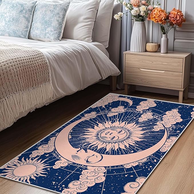 3x5 Entryway Rug Hippie Tarot Celestial Sun and Moon Navy Blue Area Rug Bedroom Bedside Ultra-Thin Small Carpet Bathroom Non Slip Indoor Low Pile Door Mat Kitchen Stain Resistant Washable Machine