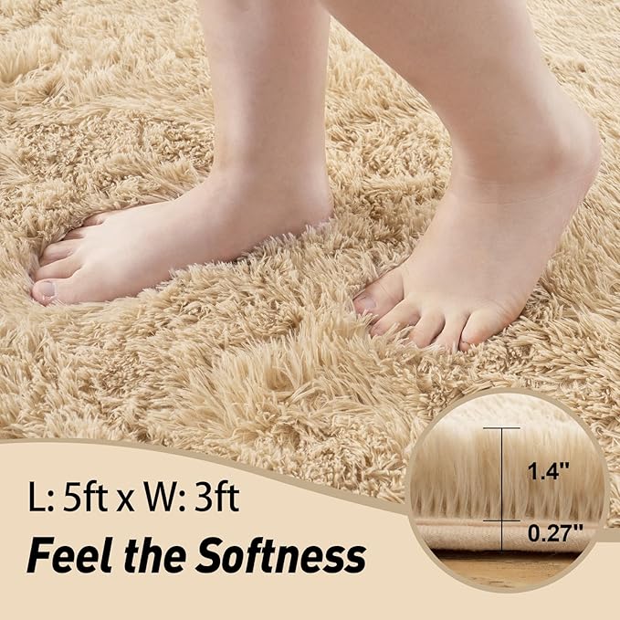 3x5 Rugs for Bedroom, Fluffy Area Rugs for Living Room, Soft Shag Kids Rug Small Carpet with 4 Non-Slip Rug Pads (Light Tan, 3ft x 5ft)