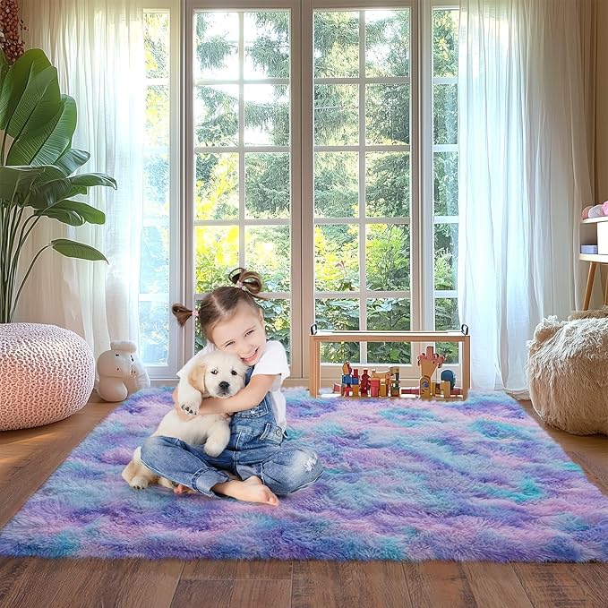 Purple Rainbow Fluffy Rug for Bedroom 4x5.9 ft - Ultra Soft & Non Slip Shaggy Area Rug, Comfy Durable Carpet for Living Room Kids Room Teens Dorm Home Decor, 1.7'' Thick Indoor Plush Carpets