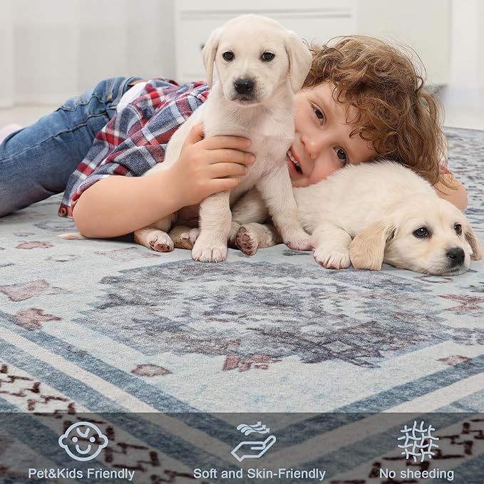 Maxsoft 8x10 Area Rug,Vintage Machine Washable Rugs for Living Room, Soft Non-Slip Low Pile Rug, Stain Resistant Rugs for Kitchen, Bedroom, Dining Room,Laundry Room,Nursery (Beige Blue)