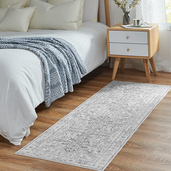jinchan Runner Rug 2x6 - Vintage Hallway Machine Washable Rug Floral Non Slip with Rubber Backing Ultra-Thin Carpet Runner for Kitchen Bedroom Laundry Room Farmhouse Entryway (2x6ft,Grey)