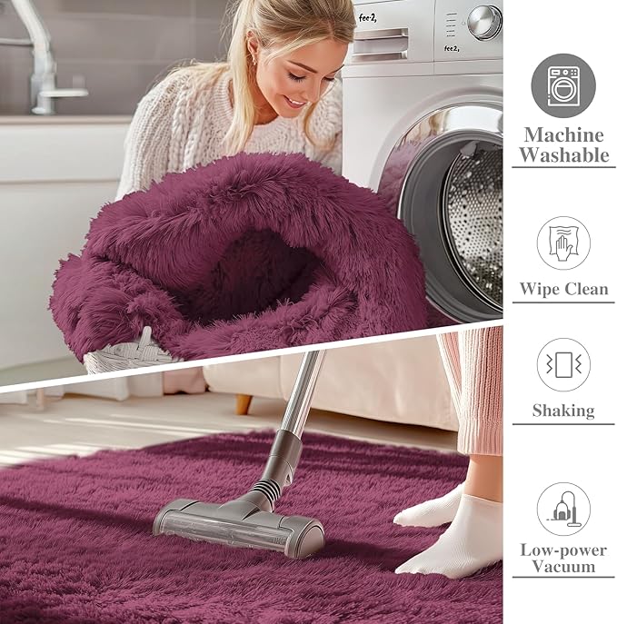 OLANLY 5x7 Machine Washable Large Area Rugs for Living Room, Bedroom, Soft Fluffy Shaggy Bedside Rug, Indoor Floor Carpet for Kids Girls and Boys, Dorms, Nursery, Home Decor Aesthetic, Burgundy