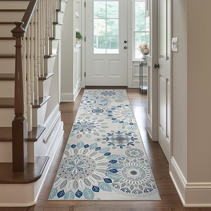 Bavni Kitchen Runner, Washable 2x12 Rugs Non Slip, Floral Thin Runners, Stain Resistant Carpet Runner for Bathroom, Bedroom, Hallway, Azure Blue/White