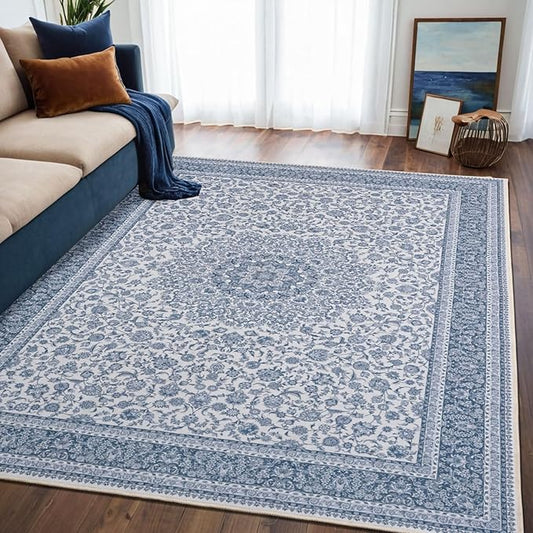 Floral Washable Area Rug 5x7, Spill-Proof Surface, Non-Slip Backing, Cozy Soft Faux Wool, Printed Rug for Living Room Bedroom Dining Room Nursery Home Office - Ieve