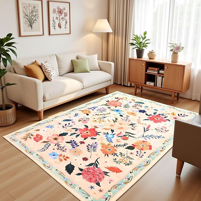 3x5 Floral Rug for Girls Bedroom, Machine Washable Area Rugs with Non Slip Backingfor Living Room, Cute Flowers Carpet Kitchen Dining Room Kids Playroom Decor, Peach White