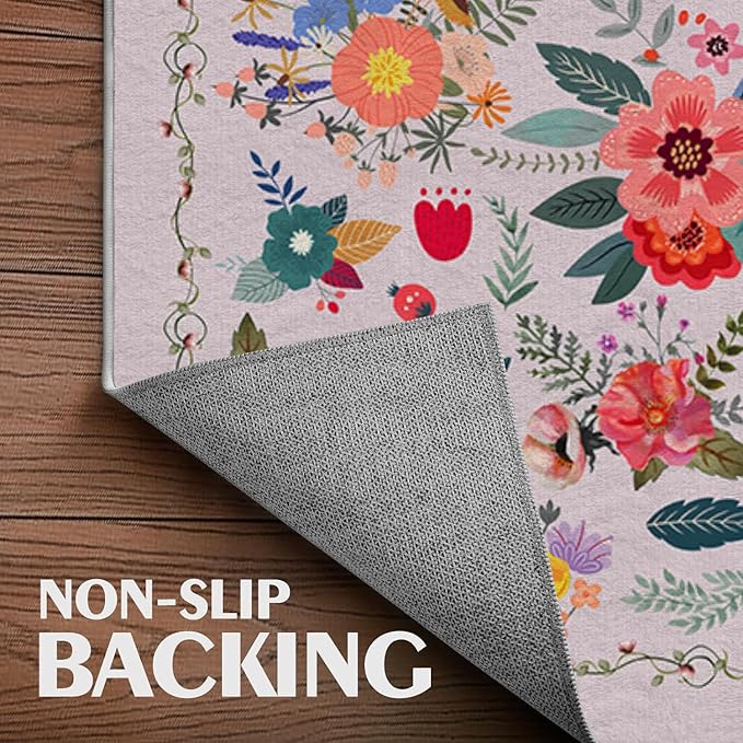 Bathroom Mat Floral Rugs Flower Botanical Modern Machine Washable Soft Plush Rug Carpet Non Slip Colorful Pink Aesthetic Area Rug for Entryway Kitchen Living Room Bedroom Dining Room Home 20x31.5 Inch