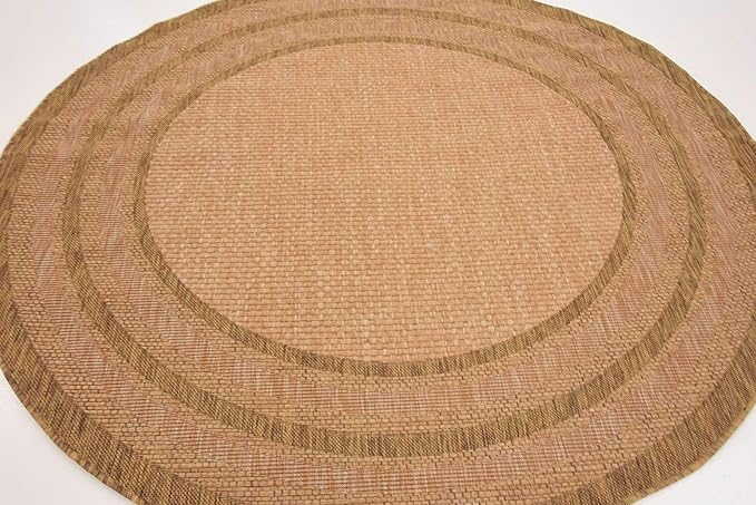 Unique Loom Outdoor Border Collection Area Rug - Multi Border (6' 1" Round, Tan/ Light Brown)