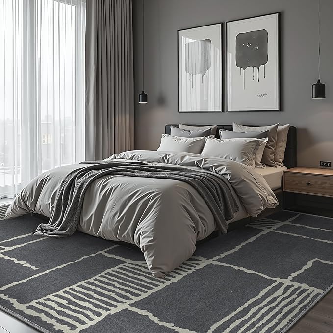 Bavni 8x10 Area Rugs, Abstract Modern Living Room Rugs, Large Machine Washable Rug Non-Slip, Soft Pet Friendly Rugs for Bedroom, Playroom, Dining Room, Dark Gray