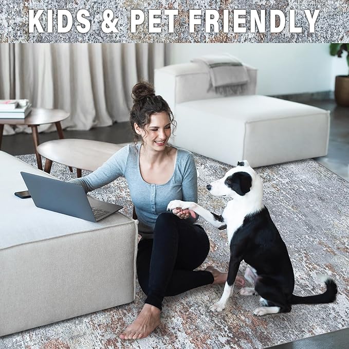 10x14 Area Rugs for Living Room: Large Machine Washable Area Rug with Non Slip Backing Non Shedding Abstract Stain Resistant Carpet for Bedroom Dining Room Nursery Home Office - Gray