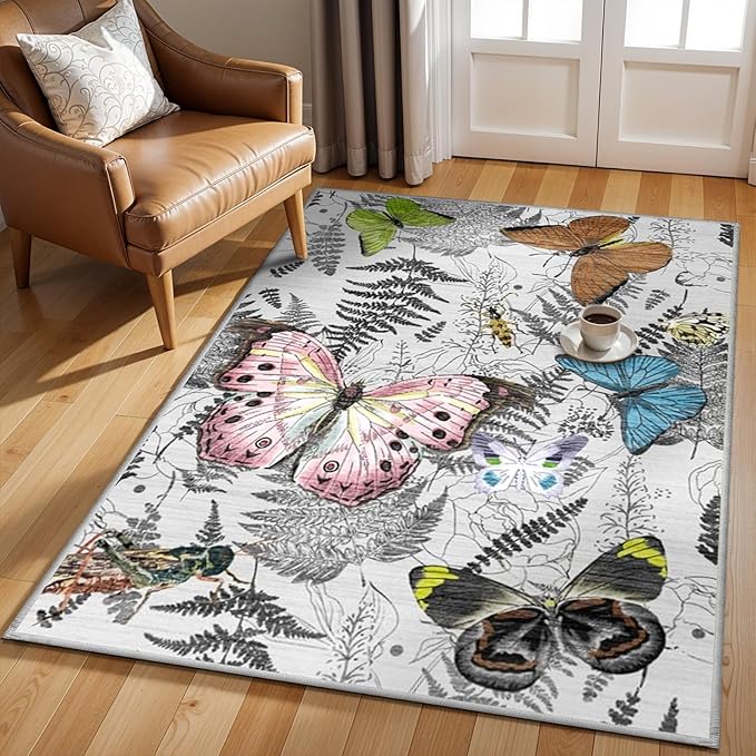 YOUFORTONG Washable Rug 3x5 Area Rugs: Soft Ultra Thin Low Pile Mat Machine Washable Indoor Doormat Lightweight Entry Rug Anti Slip Backing Rugs for Living Room Bedroom Kitchen 3'x5' Butterfly