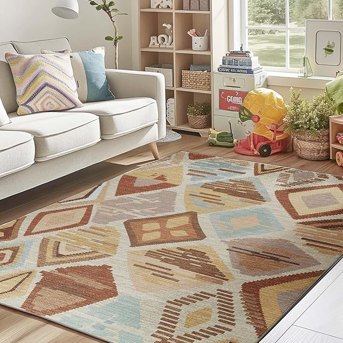 jinchan 5x7 Kids Washable Area Rug Geometric Moroccan Faux Jute Indoor Nursery Rug Non-Slip Colorful Modern Carpet for Playroom Kids Room Living Room Bedroom Laundry Room Boho Tan