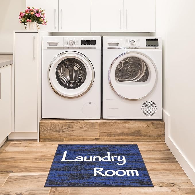 Ottomanson Machine Washable Text Design Laundry Room Rug Non-Slip Rubberback 2x3 Pack of 2 Laundry Area Rug for Laundry Room, Bathroom, Washroom, 26" x 35" - Pack of 2, Black/Blue