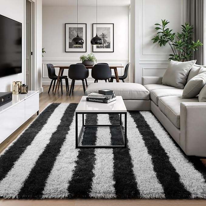 Zentavio Area Rugs for Living Room Rugs for Bedroom 4x6 Carpet Fluffy Fuzzy Soft Shag Aesthetic Plush High Pile Gray Throw Rug for Nursery Kids Room Dorm Horizontal Stripes Black Grey