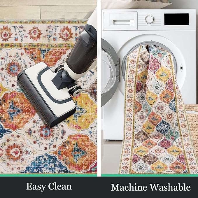 HEBE Hallway Runner Rug 2'x10' Washable Vintage Distressed Area Rugs Non Slip Laundry Rug Runner Boho Floor Carpet Runners for Hallways Entryway Laundry Room Kitchen Bathroom