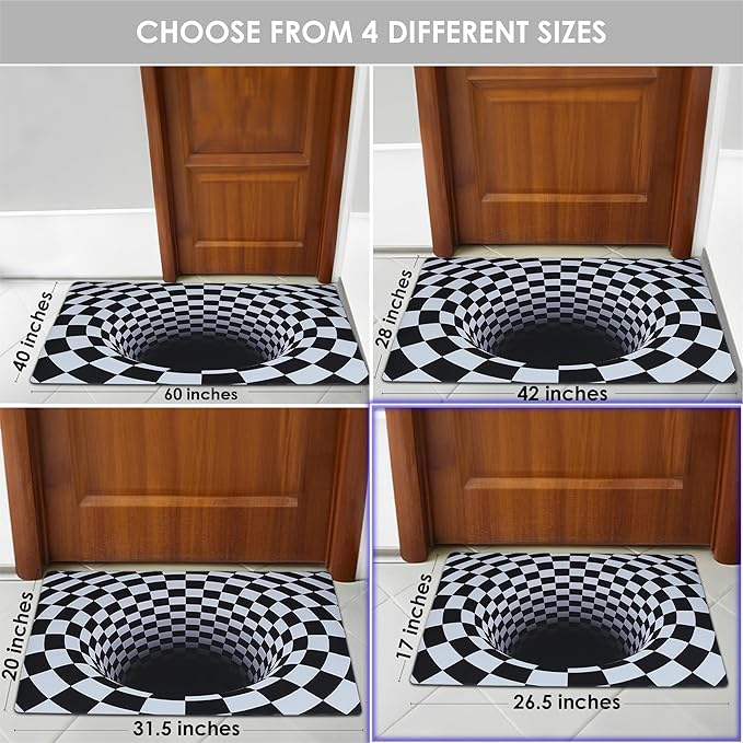3D Optical Illusion Rug - Vortex Illusion Floor Mat for Door Entrance, Bathroom, Stairs, playroom, Living Room, or Area (Black and White, 26.5 x 17 Inch)