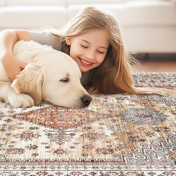 Rug for Living Room-Washable Area Rugs 5'x7' for Bedroom, Ultra-Soft Non-Shedding Faux Wool Vintage Design Boho Low Pile Mat Throw Carpet,Stain Resistant Rugs with Non-Slip Backing（Light Color）