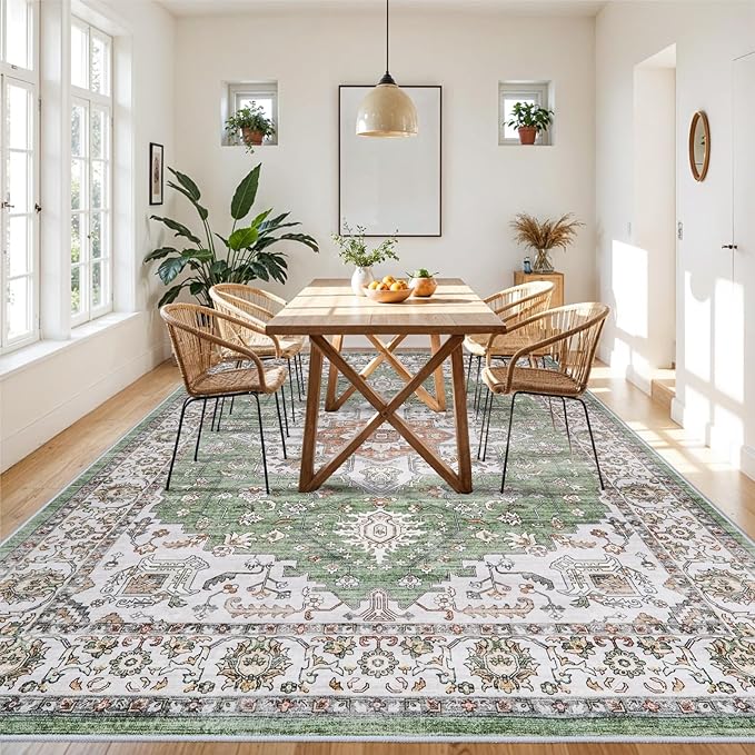 RUUGME Washable 9x12 Area Rugs - Large Boho Rugs for Living Room Kitchen Stain Resistant Carpet Vintage Tribal Rugs for Bedroom with Non Slip Backing Decor Floor Decoration Mat 9x12 Sage/Green