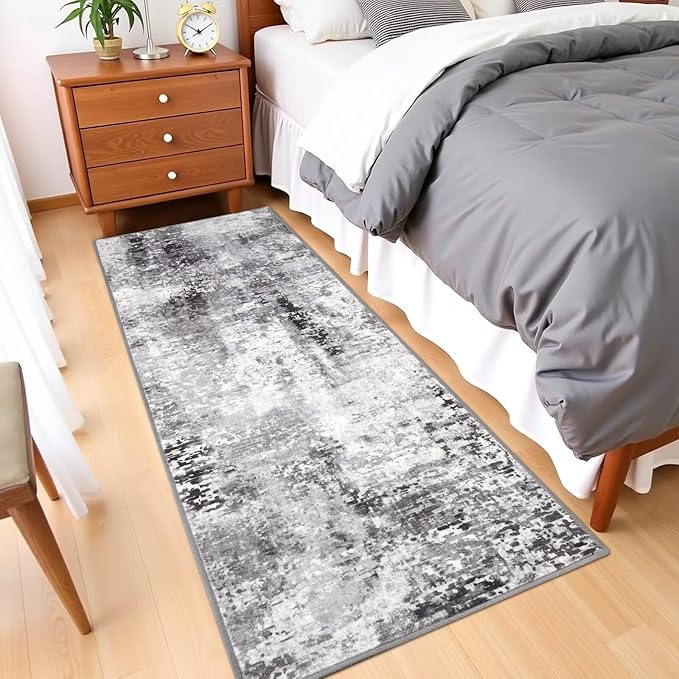 Washable Abstract Runner Rug, 2x6 Modern Area Rugs with Non-Slip Rubber Backed for Kitchen, Thin but Soft Contemporary Carpet Bedroom Entryway Hallway Decor, Dark Grey