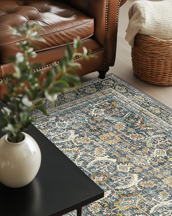 10X12 Area Rugs Machine Washable Rugs for Living Room, Vintage Boho Large Rugs for Bedroom Dining Room, Non Slip Indoor Soft Distressed Lightweight Thin Low Pile Carpet, Terracotta