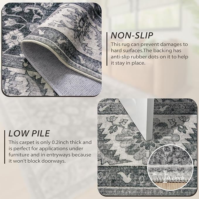Area Rugs for Living Room, 4x6 Washable Rugs for Bedroom, Non-Slip Retro Floral Carpet for Entryway Office Kitchen Dining Room, Grey