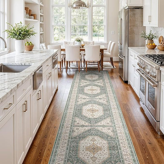 3x14 Runner Rug for Hallway Washable: Non Slip Kitchen Rugs with Rubber Backing Soft Waterproof Mats Stain Resistant Indoor Vintage Carpet Runner for Bedroom Bathroom Laundry Entryway Green/Beige