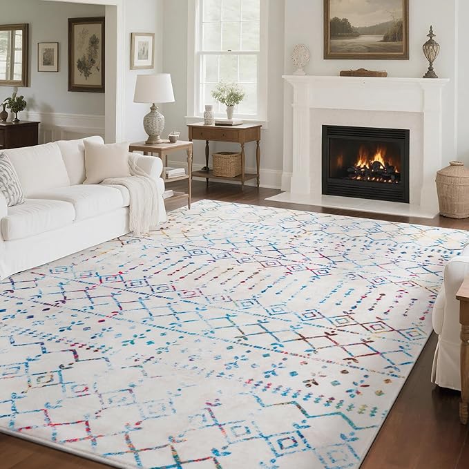 Carvapet Rugs for Living Room Bedroom, Colorful Boho Low Pile Large Carpet with Rubber Backing, Foldable, Non Slip Machine Washable (10 x 8 Feet Rectangular, Colorful Area Rug)